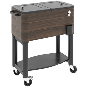 Outsunny Outdoor Cooler Cart, Rolling Beverage Ice Chest, Rugged Steel Patio Cooler with Locking Wheels, 60 Quart Capacity for Poolside BBQs, Brown