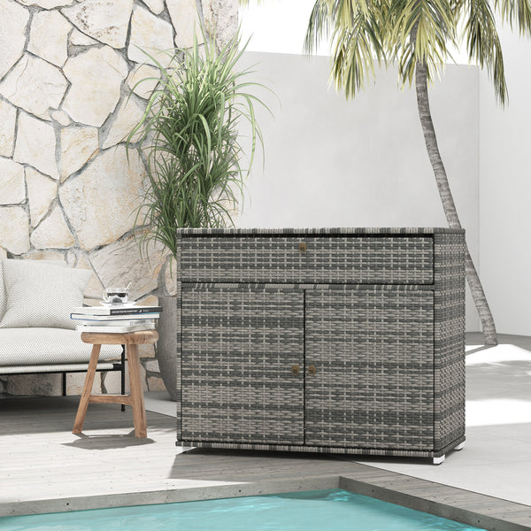 Outsunny Outdoor Storage Cabinet, Hot Tub Accessory Storage, Freestanding PE Rattan Wicker Cabinet with Drawer for Indoor, Outdoor Swimming Pool, Spa, Gray