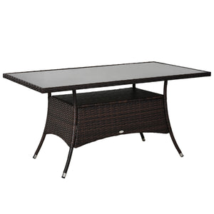 59" x 34" Patio Rattan Dining Table, Outdoor Wicker Table with Tempered Glass Top and Storage Shelf, All Weather Backyard Furniture, Brown