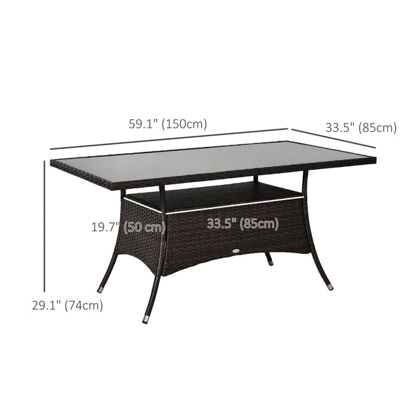 59" x 34" Patio Rattan Dining Table, Outdoor Wicker Table with Tempered Glass Top and Storage Shelf, All Weather Backyard Furniture, Brown