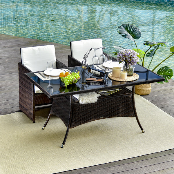 59" x 34" Patio Rattan Dining Table, Outdoor Wicker Table with Tempered Glass Top and Storage Shelf, All Weather Backyard Furniture, Brown