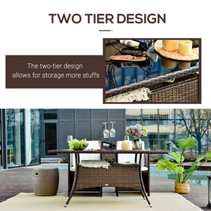 59" x 34" Patio Rattan Dining Table, Outdoor Wicker Table with Tempered Glass Top and Storage Shelf, All Weather Backyard Furniture, Brown