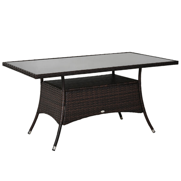 59" x 34" Patio Rattan Dining Table, Outdoor Wicker Table with Tempered Glass Top and Storage Shelf, All Weather Backyard Furniture, Brown