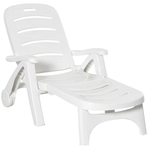 Outdoor Lounge Chair, 5 Level Adjustable Backrest Chaise Lounge with Wheels, Folding Tanning Chair for Pool, Beach, Patio, Garden, White