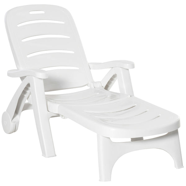 Outdoor Lounge Chair, 5 Level Adjustable Backrest Chaise Lounge with Wheels, Folding Tanning Chair for Pool, Beach, Patio, Garden, White