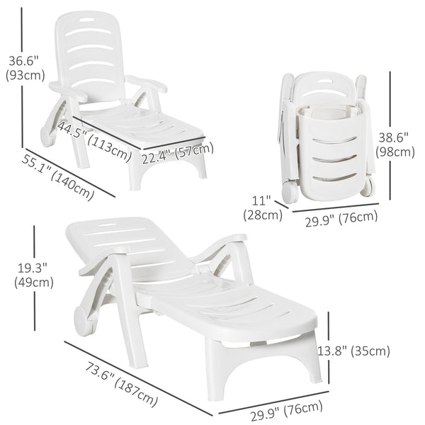 Outdoor Lounge Chair, 5 Level Adjustable Backrest Chaise Lounge with Wheels, Folding Tanning Chair for Pool, Beach, Patio, Garden, White