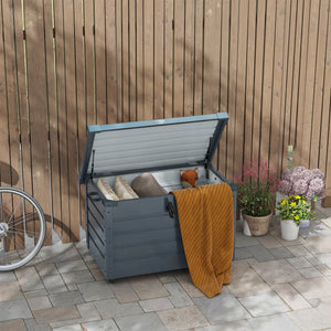 78 Gallon Garden Storage Box, Waterproof Outdoor Storage Container with Wheels and Handles, Lockable Galvanised Steel Outside Deck Box for Tools, Cushions, Dark Grey