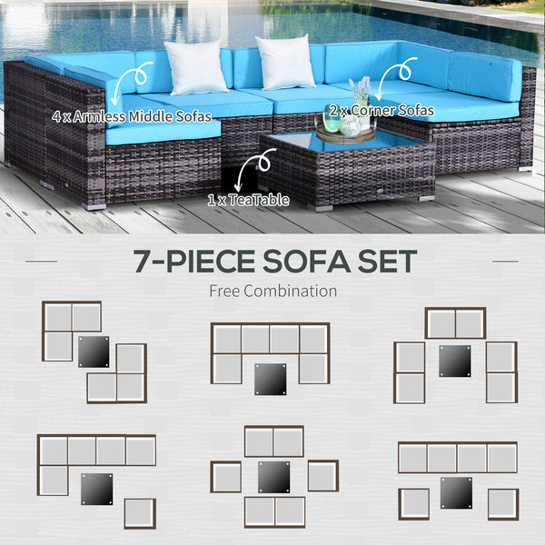 7 Piece Patio Furniture Set, PE Rattan Outdoor Conversation Set with Sectional Sofa, Glass Tabletop, Cushions and Pillows for Garden, Lawn, Deck, Mixed Grey and Sky Blue