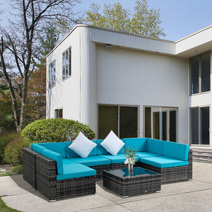 7 Piece Patio Furniture Set, PE Rattan Outdoor Conversation Set with Sectional Sofa, Glass Tabletop, Cushions and Pillows for Garden, Lawn, Deck, Mixed Grey and Sky Blue