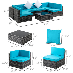 7 Piece Patio Furniture Set, PE Rattan Outdoor Conversation Set with Sectional Sofa, Glass Tabletop, Cushions and Pillows for Garden, Lawn, Deck, Mixed Grey and Sky Blue