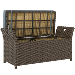 2-In-1 Patio Wicker Storage Bench, 29 Gallon Outdoor PE Rattan Patio Furniture, Large Capacity Rectangle Basket Box with Handles and Cushion, Dark Grey
