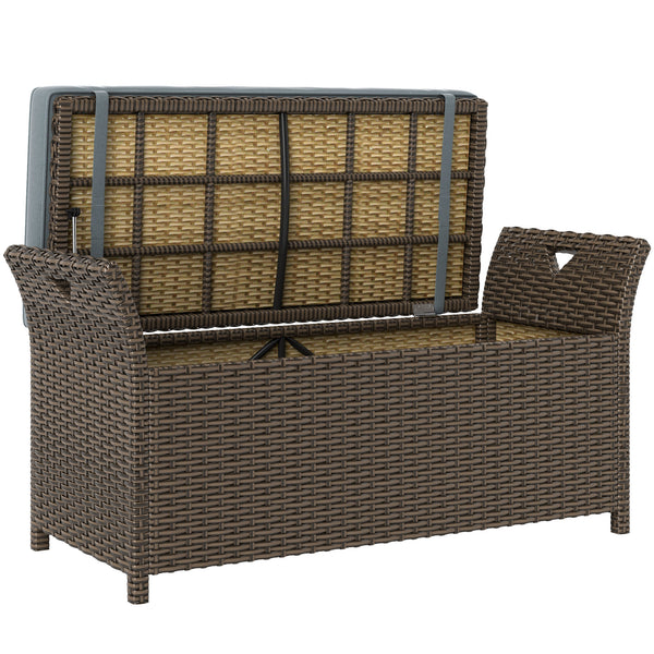 2-In-1 Patio Wicker Storage Bench, 29 Gallon Outdoor PE Rattan Patio Furniture, Large Capacity Rectangle Basket Box with Handles and Cushion, Dark Grey
