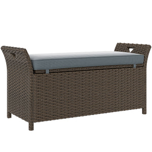 2-In-1 Patio Wicker Storage Bench, 29 Gallon Outdoor PE Rattan Patio Furniture, Large Capacity Rectangle Basket Box with Handles and Cushion, Dark Grey