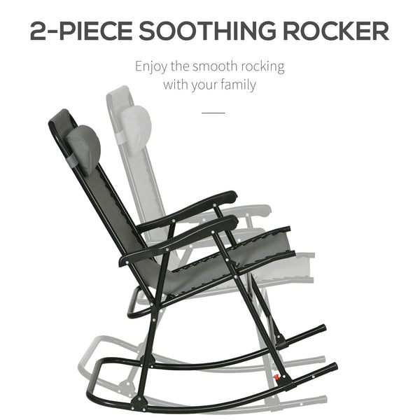 2pc Patio Foldable Rocking Chair Set w/ Breathable Mesh Seat & Backrest, Padded Headrest for Park, Backyard, Garden, Grey
