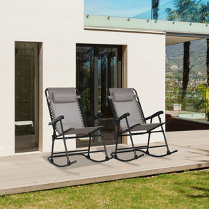 2pc Patio Foldable Rocking Chair Set w/ Breathable Mesh Seat & Backrest, Padded Headrest for Park, Backyard, Garden, Grey