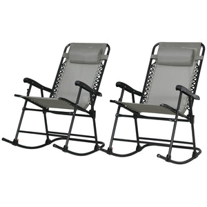 2pc Patio Foldable Rocking Chair Set w/ Breathable Mesh Seat & Backrest, Padded Headrest for Park, Backyard, Garden, Grey
