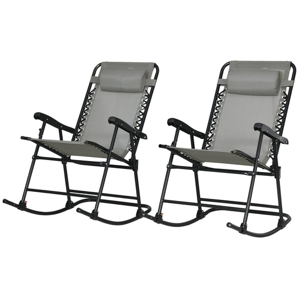 2pc Patio Foldable Rocking Chair Set w/ Breathable Mesh Seat & Backrest, Padded Headrest for Park, Backyard, Garden, Grey