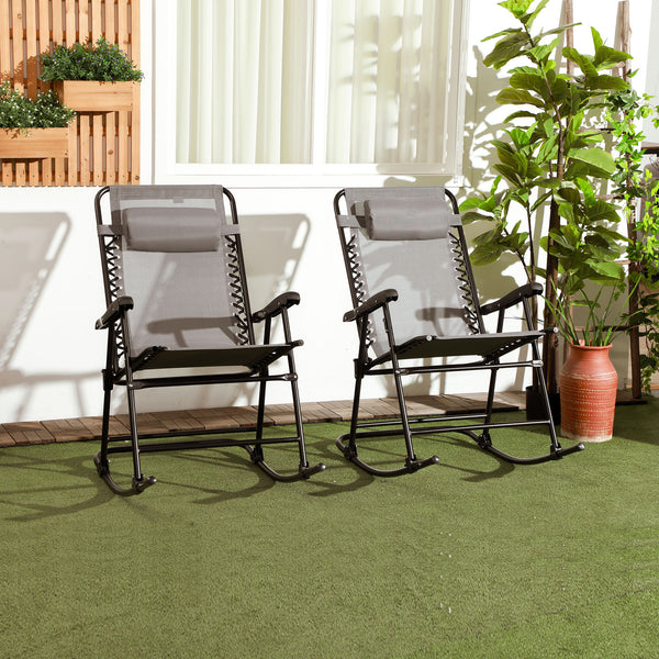 2pc Patio Foldable Rocking Chair Set w/ Breathable Mesh Seat & Backrest, Padded Headrest for Park, Backyard, Garden, Grey