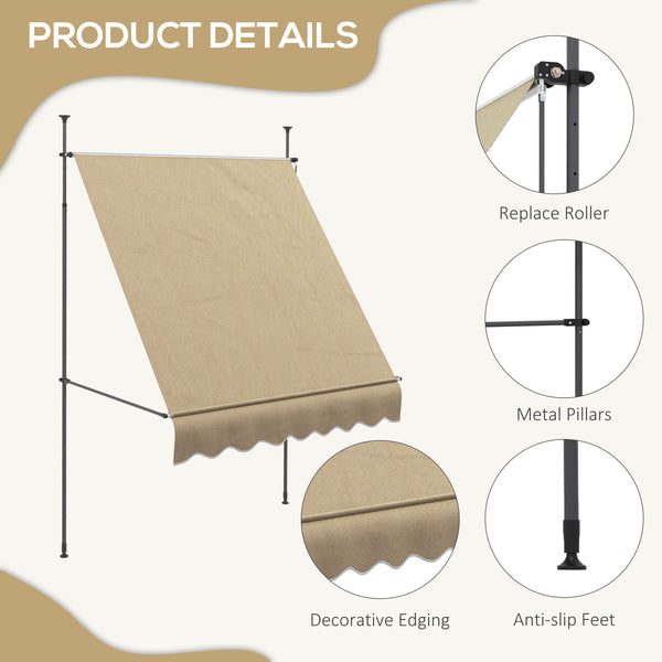 Manual Retractable Awning, 79" Non-Screw Patio Sun Shade Shelter with Support Pole Stand and UV Resistant Fabric for Window, Door, Porch, Deck, Beige