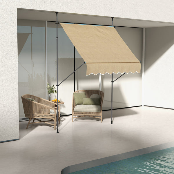 Manual Retractable Awning, 79" Non-Screw Patio Sun Shade Shelter with Support Pole Stand and UV Resistant Fabric for Window, Door, Porch, Deck, Beige