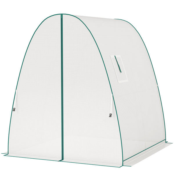 Hoop House Greenhouse with Sandbags and Hemmed PE Cover, 1.8 x 1.8 x 2m Walk-In Tunnel Green House with 2 Doors and Screen Windows, Portable Greenhouse Gardening Plant Hot House, White
