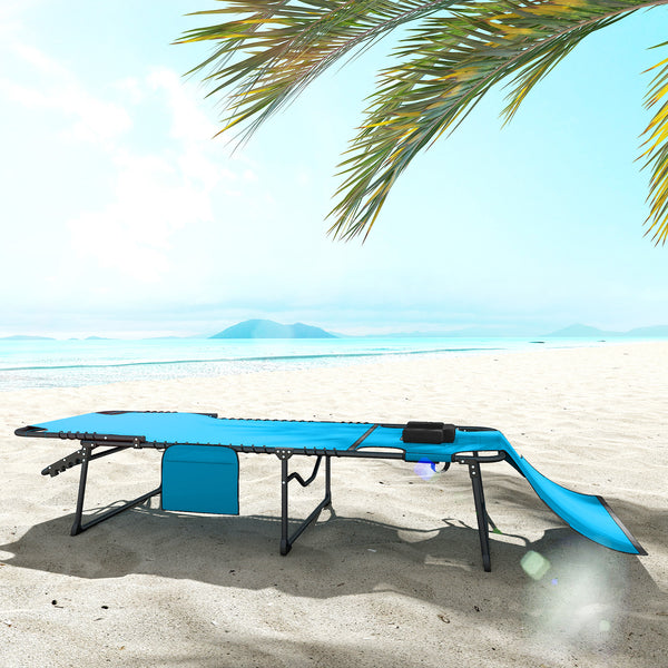 Folding Chaise Lounge with 5-level Reclining Back, Tanning Chair with Face Hole, Outdoor Lounge Chair with Side Pocket & Headrest for Beach, Yard, Patio, Blue