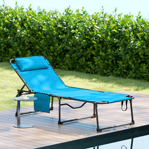 Folding Chaise Lounge with 5-level Reclining Back, Tanning Chair with Face Hole, Outdoor Lounge Chair with Side Pocket & Headrest for Beach, Yard, Patio, Blue