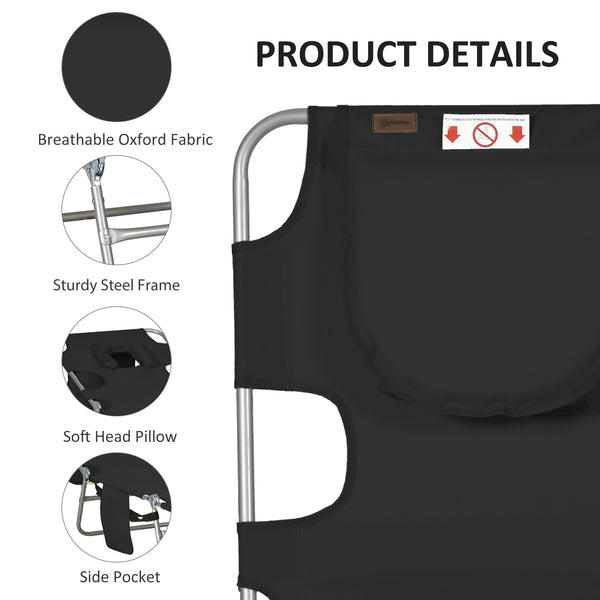 Folding Lounge Chair Outdoor Tanning Chair with Face Hole, 5-Position Reclining Sun Lounger Chaise Lounge Cot with Side Pocket, Carry Strap for Beach Pool, Yard, Black