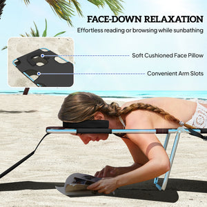 Folding Lounge Chair Outdoor Tanning Chair with Face Hole, 5-Position Reclining Sun Lounger Chaise Lounge Cot with Side Pocket, Carry Strap for Beach Pool, Yard, Black