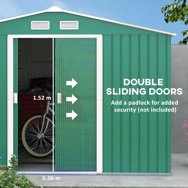 9 x 6ft Metal Garden Shed, Outdoor Storage Tool House with Ventilation Slots, Foundation Kit and Lockable Double Doors, Green