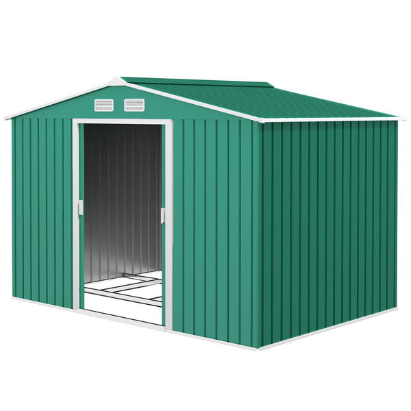 9 x 6ft Metal Garden Shed, Outdoor Storage Tool House with Ventilation Slots, Foundation Kit and Lockable Double Doors, Green