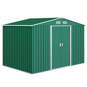9 x 6ft Metal Garden Shed, Outdoor Storage Tool House with Ventilation Slots, Foundation Kit and Lockable Double Doors, Green