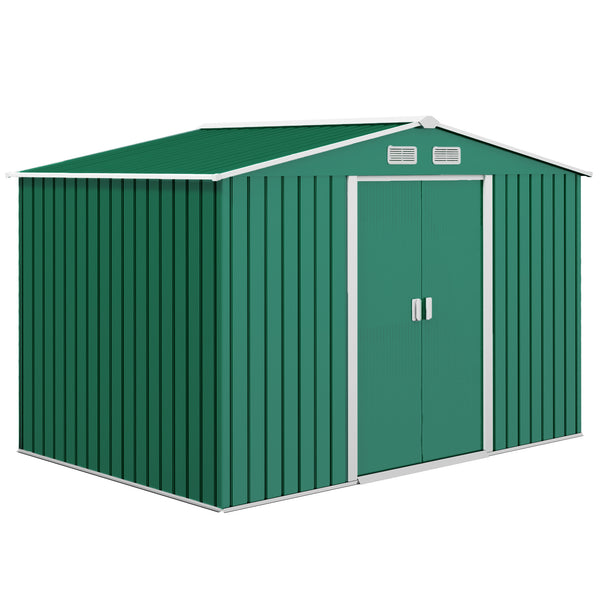 9 x 6ft Metal Garden Shed, Outdoor Storage Tool House with Ventilation Slots, Foundation Kit and Lockable Double Doors, Green