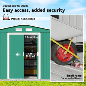 9' x 6' Garden Storage Shed with Foundation Kit, Metal Tool Storage House with Double Doors for Outdoor Patio Yard, Green