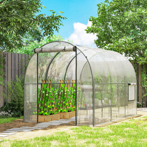 3 x 2 x 2 m Polytunnel Greenhouse with Roll-up Door and Mesh Window, Walk-in Grow House Tent with Plastic Cover and Steel Frame, Clear