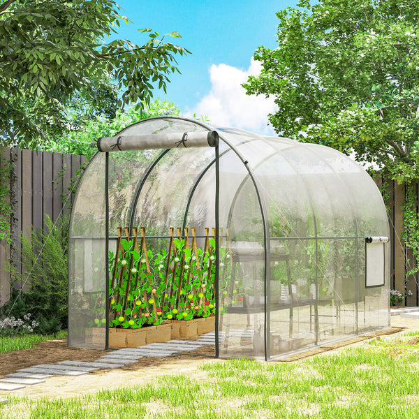 3 x 2 x 2 m Polytunnel Greenhouse with Roll-up Door and Mesh Window, Walk-in Grow House Tent with Plastic Cover and Steel Frame, Clear