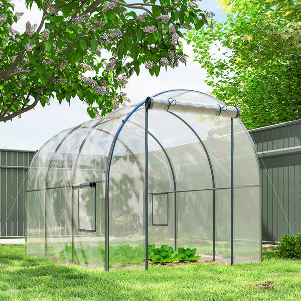 3 x 2 x 2 m Polytunnel Greenhouse with Roll-up Door and Mesh Window, Walk-in Grow House Tent with Plastic Cover and Steel Frame, Clear