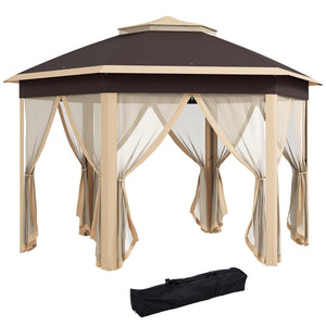 Outsunny 13' x 13' Pop Up Gazebo, Hexagonal Canopy Shelter with 6 Zippered Mesh Netting, Event Tent with Strong Steel Frame for Patio Backyard Garden Wedding Party, Beige