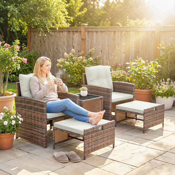 5 Piece Patio Furniture Set, Wicker Patio Chairs with Ottomans, 2-Tier Glass Coffee Table, Cushions, Outdoor Patio Furniture Conversation Set for Balcony, Brown/Cream