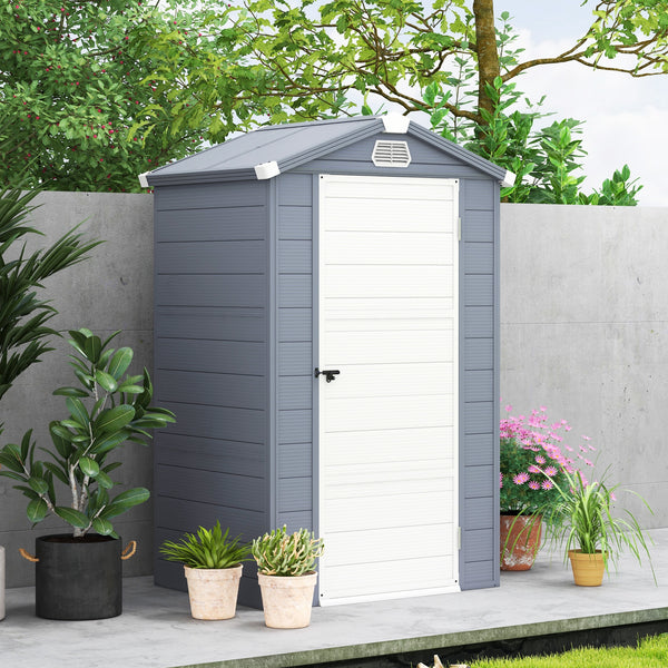 4 x 3ft Plastic Garden Storage Shed with Foundation Kit, Polypropylene Outdoor Storage Tool House with Ventilation Slots and Lockable Door, Grey