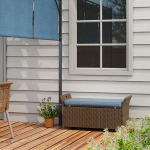 Outsunny 27 Gallon Patio Wicker Storage Bench, Outdoor PE Rattan Patio Furniture, 2-In-1 Large Capacity Rectangle Garden Storage Box with Handles and Cushion, Dark Blue