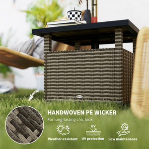 22" Square Steel PE Rattan Wicker Table With Umbrella Hole, Outdoor Patio Accent Dining Side Table Used as Umbrella Stand, Mixed-Grey