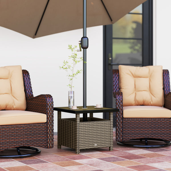 22" Square Steel PE Rattan Wicker Table With Umbrella Hole, Outdoor Patio Accent Dining Side Table Used as Umbrella Stand, Mixed-Grey