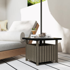 22" Square Steel PE Rattan Wicker Table With Umbrella Hole, Outdoor Patio Accent Dining Side Table Used as Umbrella Stand, Mixed-Grey