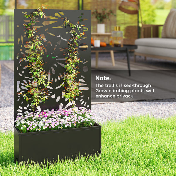 Metal Raised Garden Bed with Trellis for Climbing Plants, Freestanding or Wall Mounted Flower Bed with Privacy Panel, Butterfly Cut-Out Outdoor Planter Box for Garden, Patio, Balcony