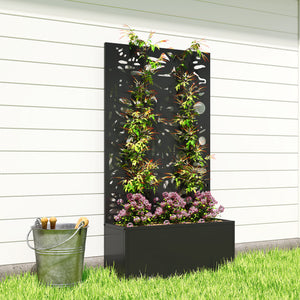 Metal Raised Garden Bed with Trellis for Climbing Plants, Freestanding or Wall Mounted Flower Bed with Privacy Panel, Butterfly Cut-Out Outdoor Planter Box for Garden, Patio, Balcony