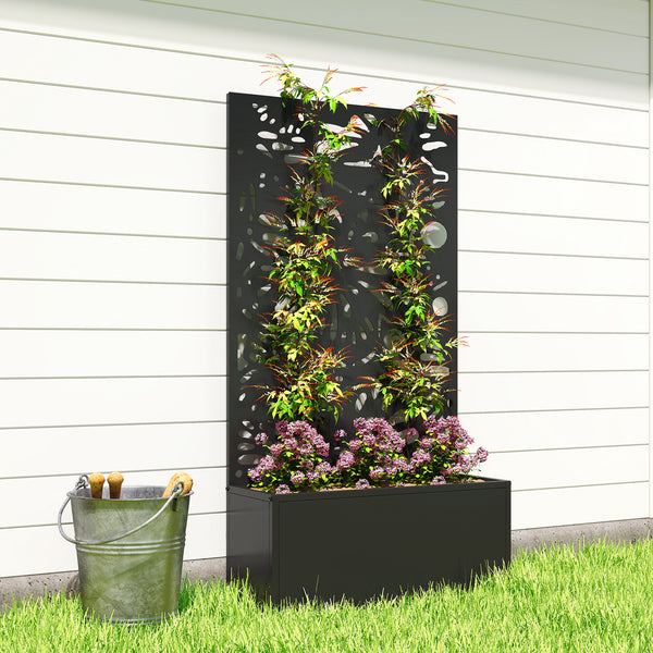 Metal Raised Garden Bed with Trellis for Climbing Plants, Freestanding or Wall Mounted Flower Bed with Privacy Panel, Butterfly Cut-Out Outdoor Planter Box for Garden, Patio, Balcony