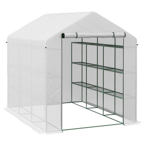 Walk-in Greenhouse with 4 Tier 24 Shelves, Portable Grow House with Roll-up Zipped Door, 244 x 180 x 210 cm, White
