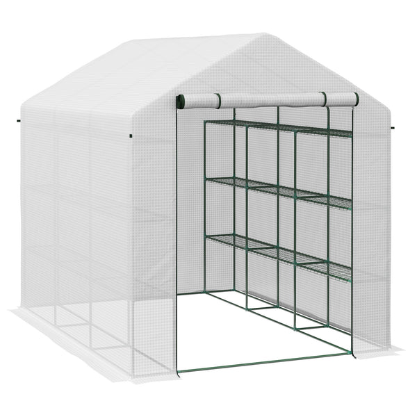 Walk-in Greenhouse with 4 Tier 24 Shelves, Portable Grow House with Roll-up Zipped Door, 244 x 180 x 210 cm, White