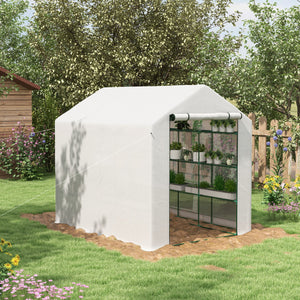 Walk-in Greenhouse with 4 Tier 24 Shelves, Portable Grow House with Roll-up Zipped Door, 244 x 180 x 210 cm, White